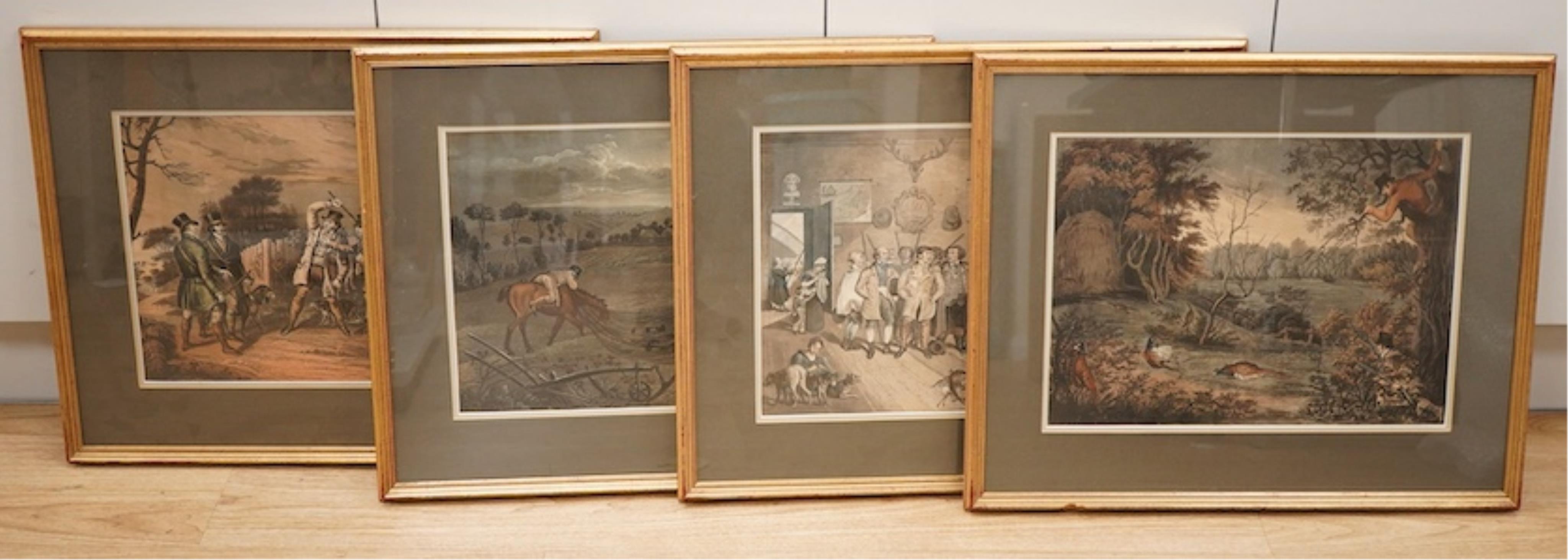 After C. Blake, a set of four aquatints, to include ‘A Poachers Progress’ and ‘Stalking for Partridges’, unsigned, 32 x 44cm